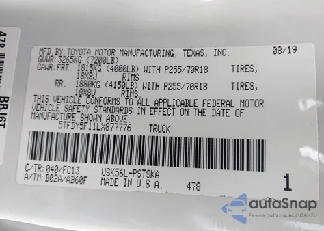 2020 Toyota Tundra Sr5 from USA, damaged, VIN 5TFDY5F11LX877776
